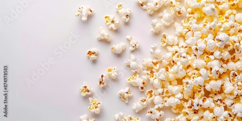 Delicious and crunchy popcorn scattered on a white surface photo