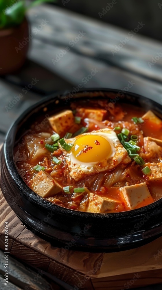 Kimchi soup with tofu, pork and egg yolk in a bowl, Korean food (Kimchi Jjigae) Kimchi soup with tofu, pork and egg yolk in a bowl, Korean food (Kimchi Jjigae)