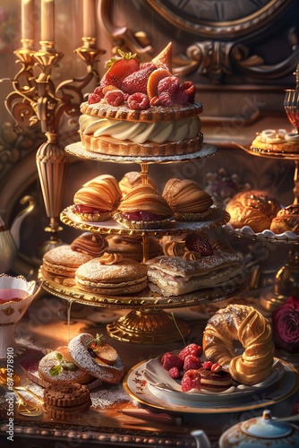 Exquisite French Pastry Showcase, Flaky, Decadent, Patisserie Delights, Elegant, Parisian-inspired background 