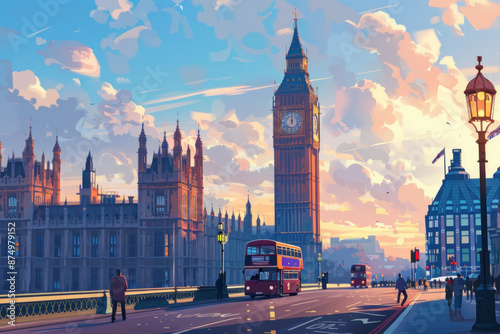 Vivid artistic illustration of London, England with Big Ben Tower