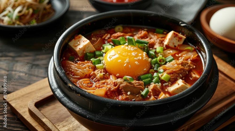 Kimchi soup with tofu, pork and egg yolk in a bowl, Korean food (Kimchi Jjigae) Kimchi soup with tofu, pork and egg yolk in a bowl, Korean food (Kimchi Jjigae)