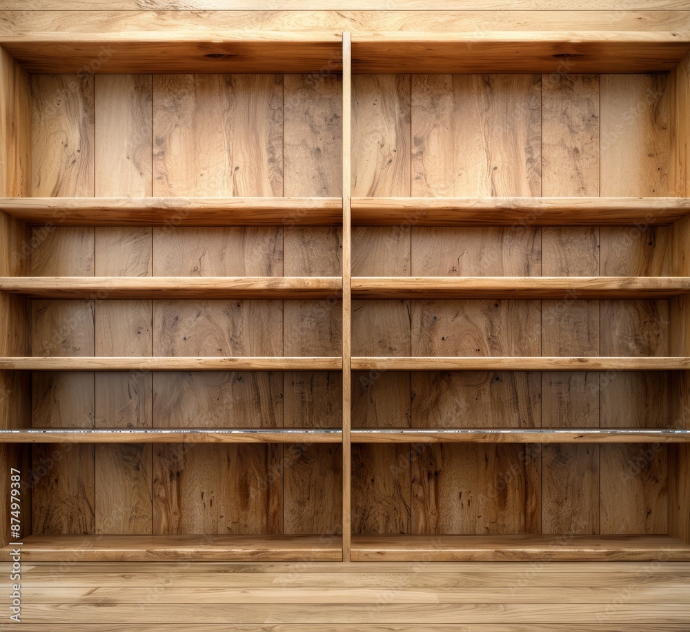 Empty wooden bookshelves with a simple, rustic design. Perfect for home or office library storage solutions.