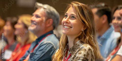 An audience who is happy and engaged at a conference