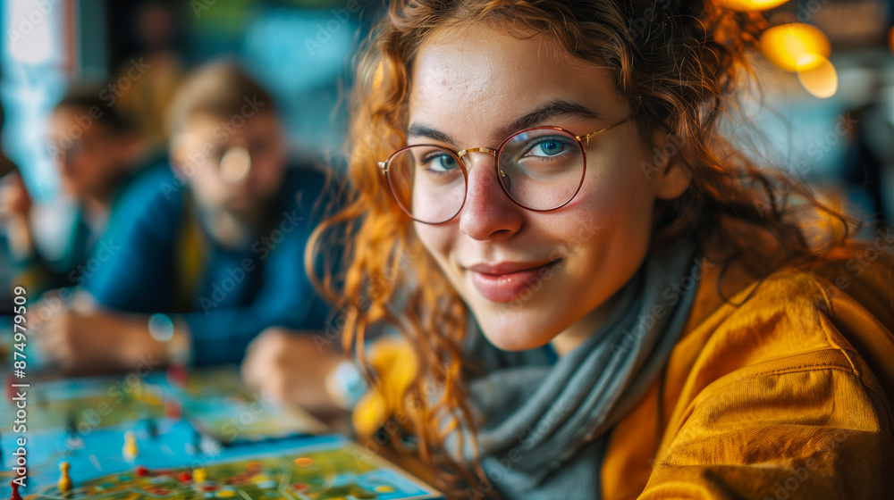 Fototapeta premium young person engrossed in playing a strategic board game with friends at a local cafe