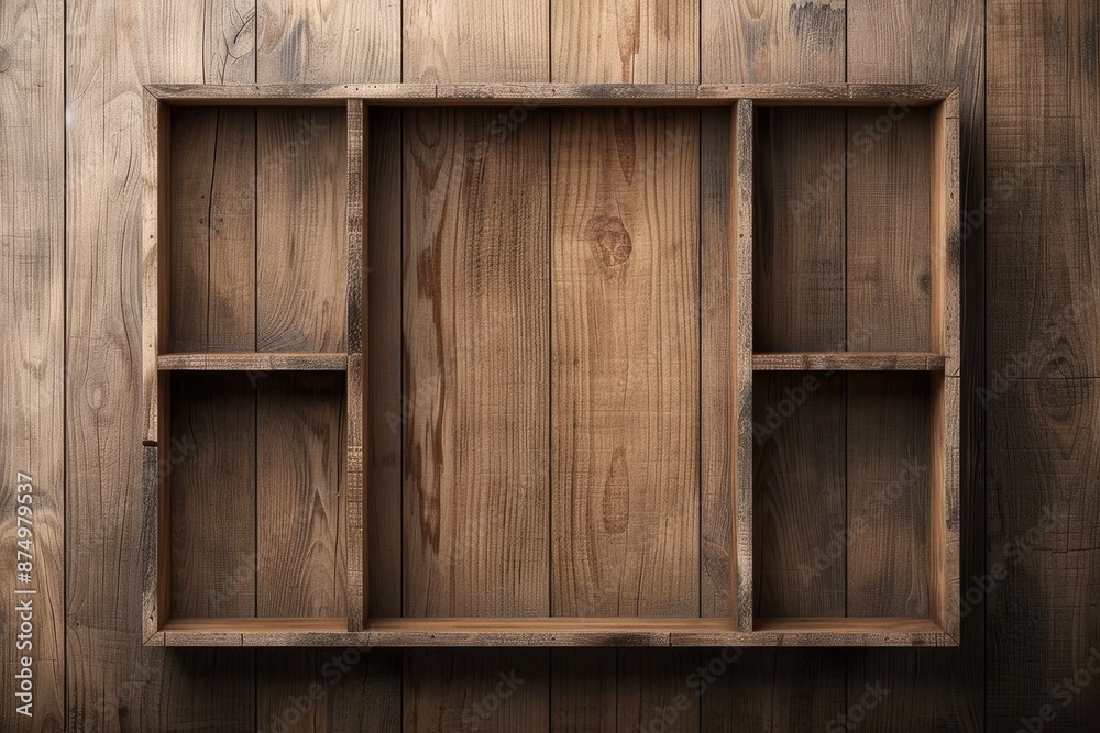 Empty wooden shelf with multiple compartments on rustic wooden background. Ideal for interior design concepts or Scandinavian-style decor. Empty wooden shelf with multiple compartments on rustic wooden background. Ideal for interior design concepts or Scandinavian-style decor.