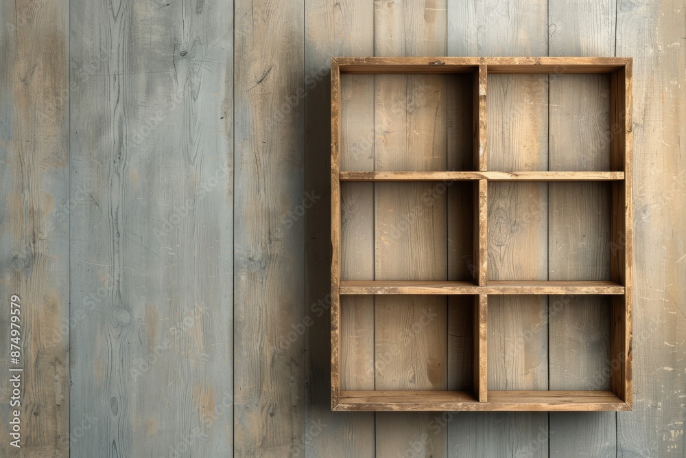 Empty wooden shelf with six compartments on a rustic wooden wall background. Perfect for home decor, storage, or organizational themes.