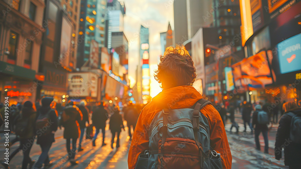 Obraz premium Young man with backpack walking in times square new york city