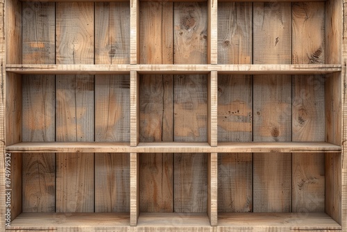 Empty wooden shelf with multiple compartments. Rustic, vintage feel with wood texture. Ideal for storage or display use. photo