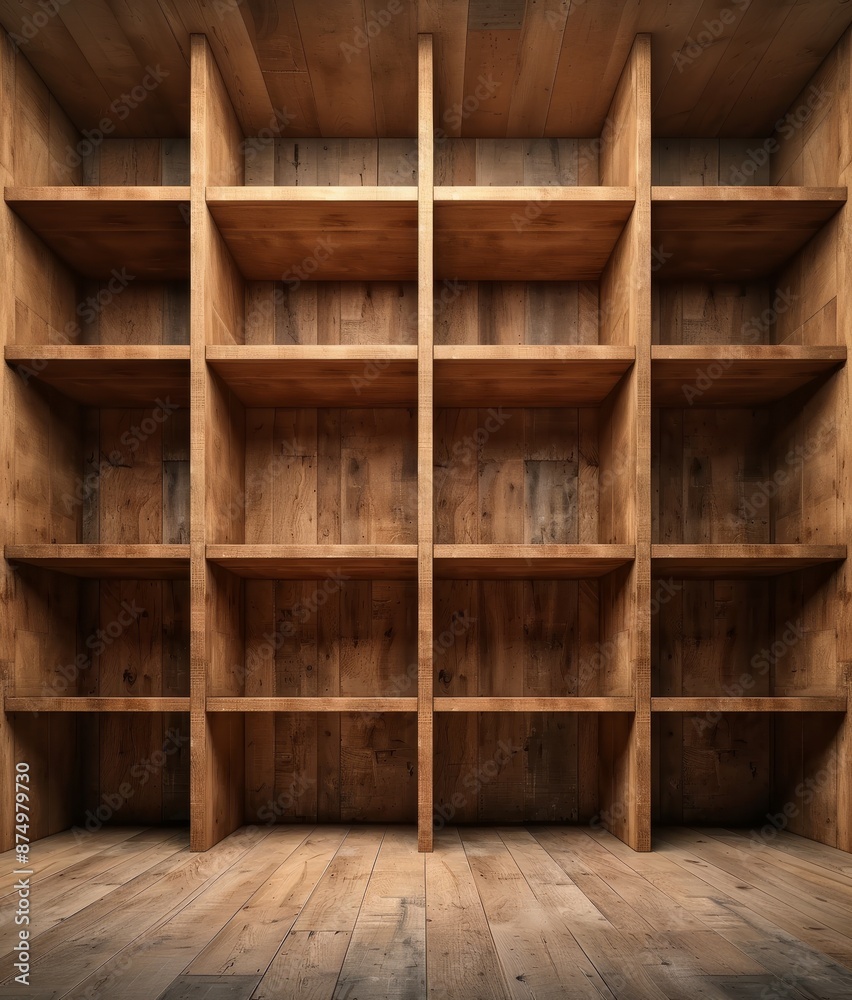 Empty wooden shelves with a rustic design, perfect for use in homes or offices. Ideal for storage or display purposes. Empty wooden shelves with a rustic design, perfect for use in homes or offices. Ideal for storage or display purposes.