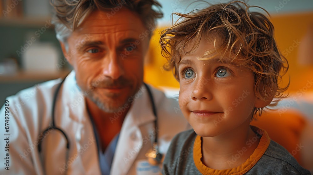 Doctor in a white lab coat, speaking to a child patient in a bright pediatric ward, child on a colorful bed, warm and cheerful lighting, medical tools around, compassionate demeanor, Doctor in a white lab coat, speaking to a child patient in a bright pediatric ward, child on a colorful bed, warm and cheerful lighting, medical tools around, compassionate demeanor,