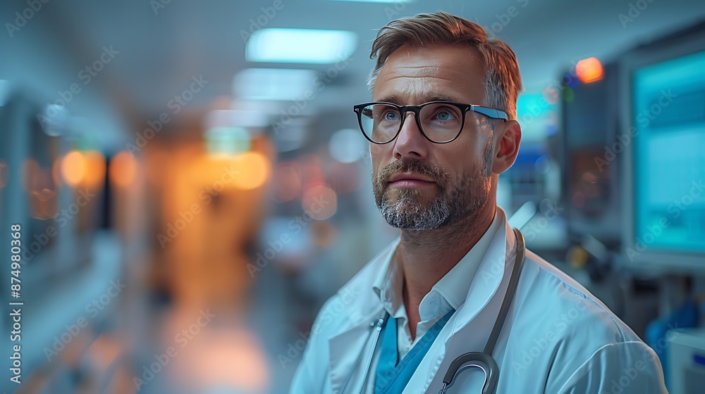 Doctor in a white lab coat, standing by a medical chart station in a bright hospital hallway, holding a clipboard, warm lighting, medical equipment in the background, professional and focused, Doctor in a white lab coat, standing by a medical chart station in a bright hospital hallway, holding a clipboard, warm lighting, medical equipment in the background, professional and focused,
