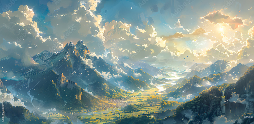 stunning sunset over a scenic valley, with lush mountains and picturesque villages bathed in vibrant twilight hues. The serene landscape features a colorful sky and tranquil natural beauty. stunning sunset over a scenic valley, with lush mountains and picturesque villages bathed in vibrant twilight hues. The serene landscape features a colorful sky and tranquil natural beauty.