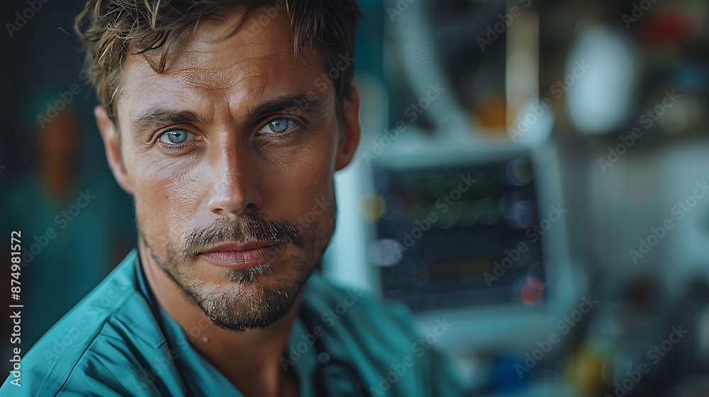 Doctor in surgical scrubs, standing in an operating room, bright surgical lights, medical monitors and equipment, sterile environment, focused expression, cinematic realism, hd quality.