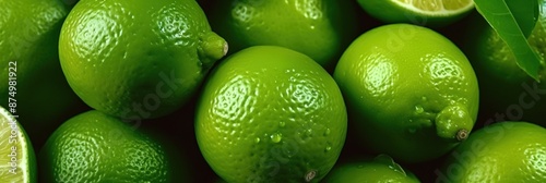Close-up of fresh green limes with water droplets and a lime wedge photo
