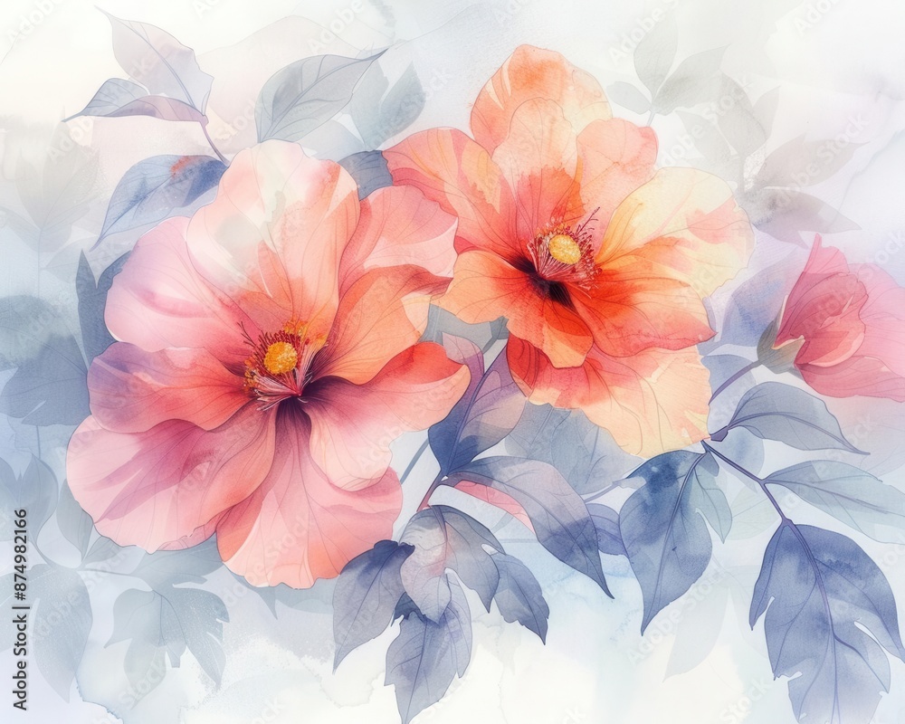 Fototapeta premium Elegant watercolor floral illustration, vibrant and pastel hues, delicate petals and leaves, soft brushstrokes, detailed and serene
