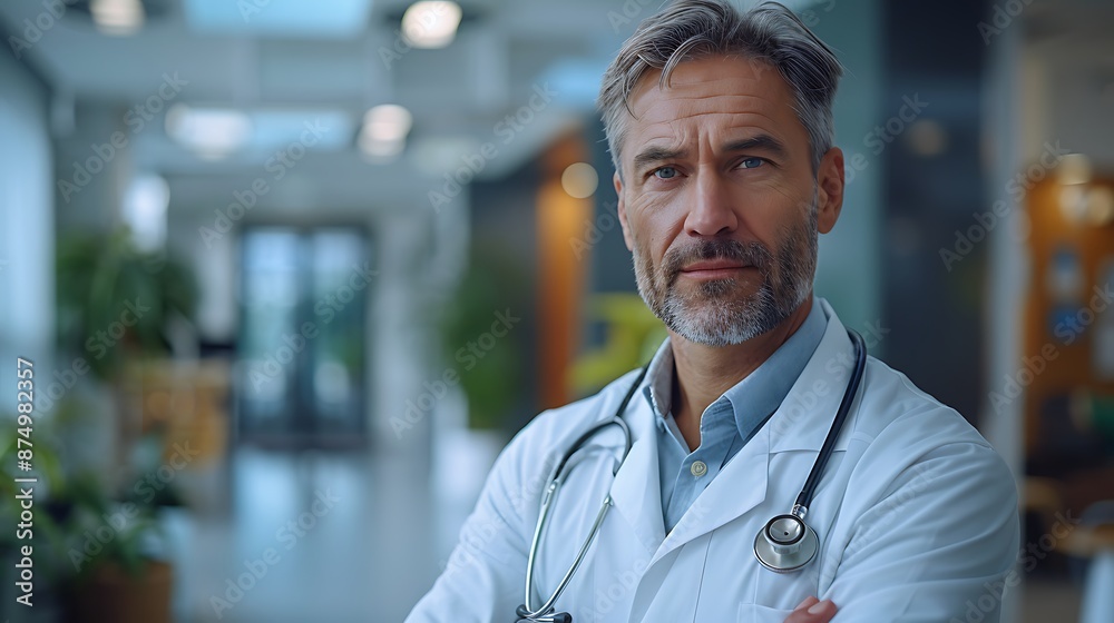 Doctor with a stethoscope around their neck, standing confidently in a hospital lobby, wearing a white lab coat, modern architectural design, bright natural light, green plants in the background, Doctor with a stethoscope around their neck, standing confidently in a hospital lobby, wearing a white lab coat, modern architectural design, bright natural light, green plants in the background,