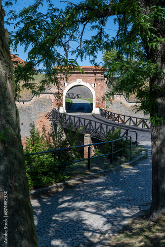 Entrance to the Petrovaradin fortress. An arch in the Petrovaradin fortress in Novi Sad, Serbia. Grandeur of Petrovaradin Palace in Novi Sad, a historic fortress adorned with vibrant gardens.