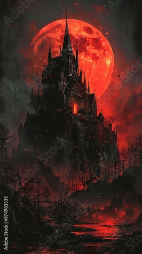 Halloween night background with scary castle and Red blood moon, flying bats,pumpkins in halloween night,Vector illustration,copy space.