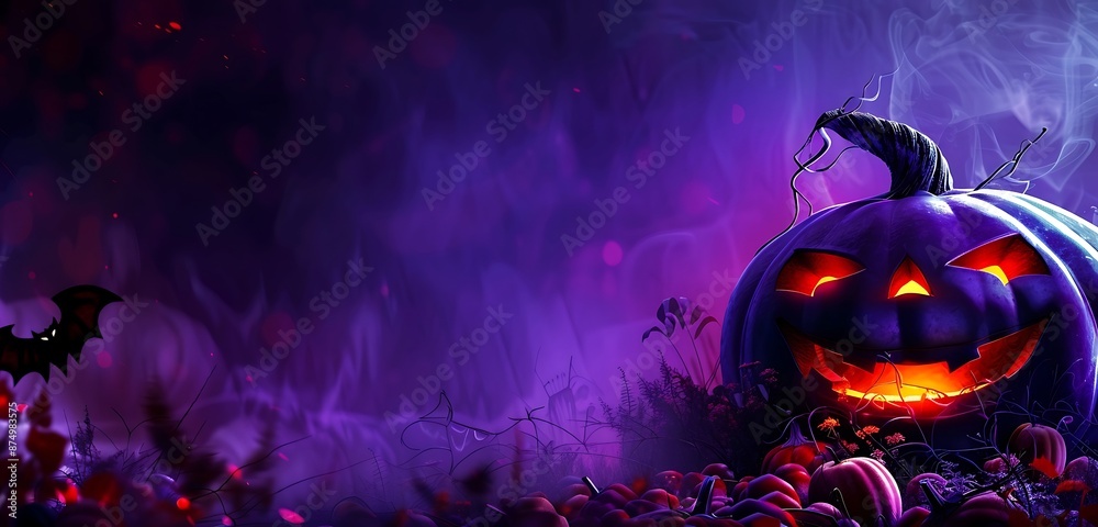 A spooky backdrop featuring pumpkins, bats, and ghosts in various colors. The empty space in the middle enhances the eerie Halloween vibe with purple pumpkin isolated on the white background empty A spooky backdrop featuring pumpkins, bats, and ghosts in various colors. The empty space in the middle enhances the eerie Halloween vibe with purple pumpkin isolated on the white background empty