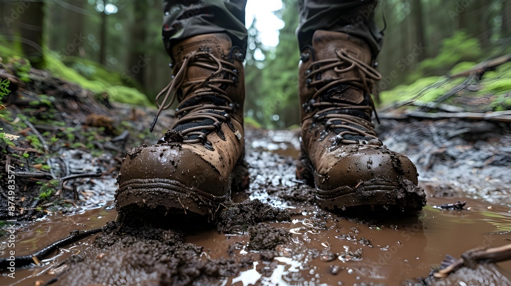 Mud Splattered Hiking Boots on a Forested Trail Capturing Adventure Mud Splattered Hiking Boots on a Forested Trail Capturing Adventure