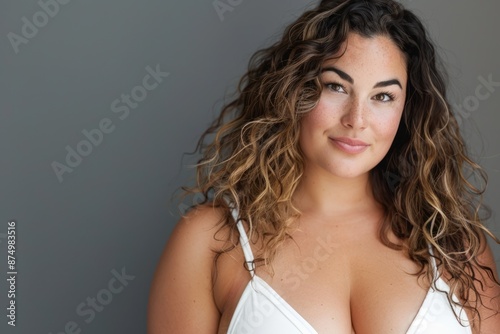 Close-up portrait of a confident, curvy woman in white bikini posing against a grey background photo