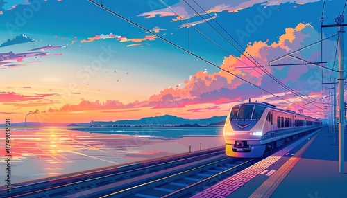 Train driving by the sea, beautiful light with blue and light pink colors anime style, anime style cartoon