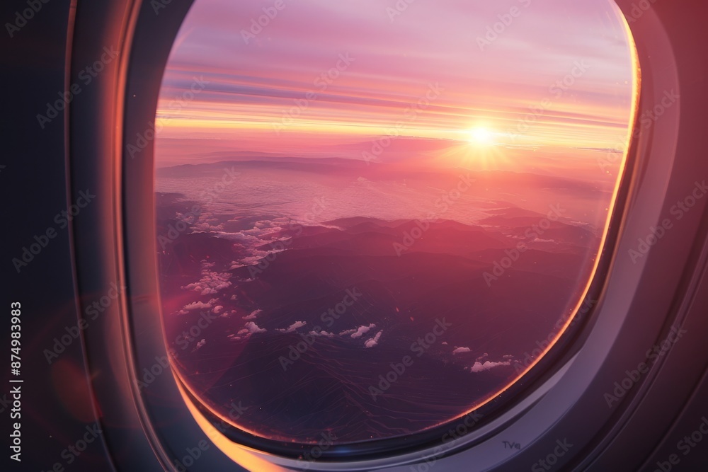A stunning sunset view from a plane window, with vibrant hues of pink, orange, and purple painting the sky. The majestic mountains stand tall in the distance. A stunning sunset view from a plane window, with vibrant hues of pink, orange, and purple painting the sky. The majestic mountains stand tall in the distance.
