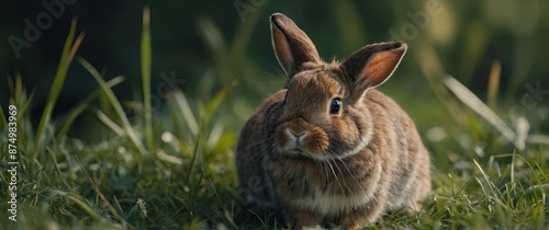 Cute little bunny in grass with ears up looking away. photo