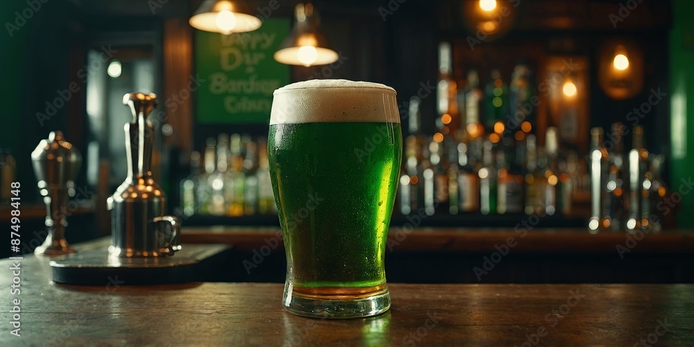 St Patrick's Day party Beer is on the bar counter Pub interior Green tone Close up view. St Patrick's Day party Beer is on the bar counter Pub interior Green tone Close up view.