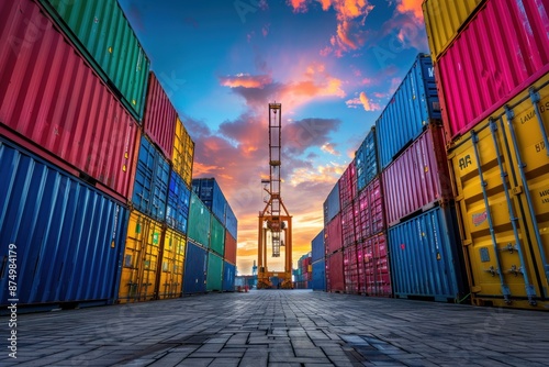 Colorful shipping containers stacked at a dockyard under a vibrant sky with a crane in the background photo