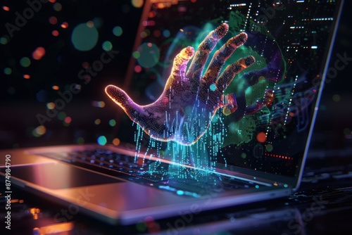 Cybersecurity concept depicting digital hand reaching out from a laptop screen, symbolizing data breach or hacking photo