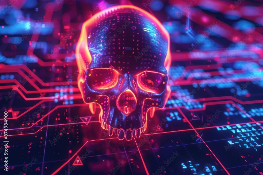 Cybersecurity threat concept with a neon glowing skull symbolizing malicious hacking and cybercrime Cybersecurity threat concept with a neon glowing skull symbolizing malicious hacking and cybercrime
