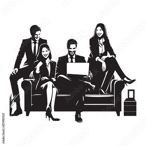 Happy business team using laptop sitting on couch in loft office, vector black color silhouette 