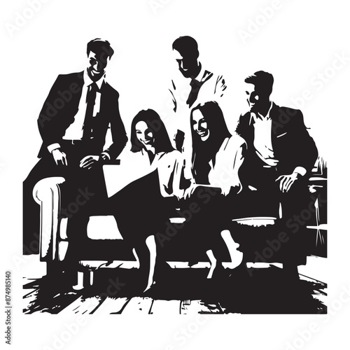 Happy business team using laptop sitting on couch in loft office, vector black color silhouette 