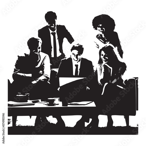 Happy business team using laptop sitting on couch in loft office, vector black color silhouette 