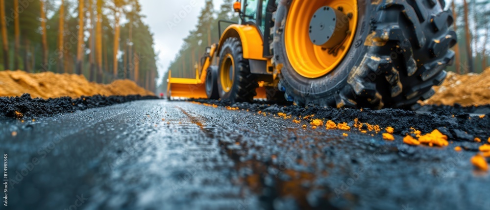 Construction Worker Operating Grader to Smooth Surface of Freshly Paved Road