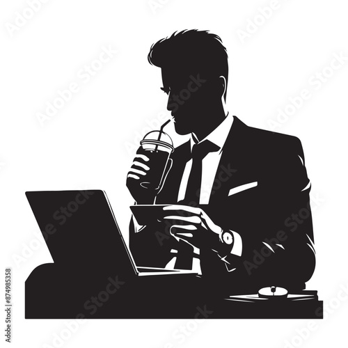 Serious man using laptop and drinking beverage, vector black color silhouette