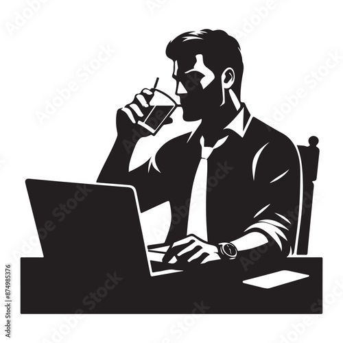 Serious man using laptop and drinking beverage, vector black color silhouette