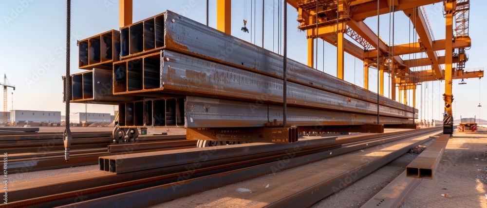 Fototapeta premium Tower Crane in Action: Lifting Steel Beams for Modern Building Construction