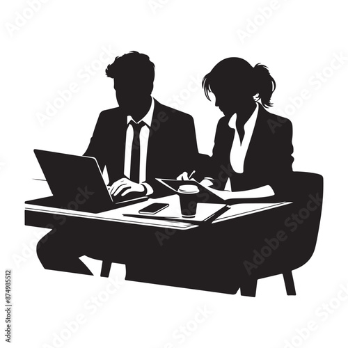 Two entrepreneurs sitting together working in an office, vector black color silhouette