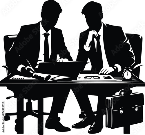 Two entrepreneurs sitting together working in an office, vector black color silhouette