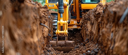 Industrial Trenching Machine Excavating Deep Trench in Construction Site