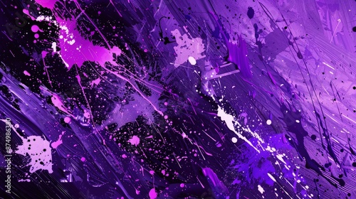 Vibrant purple and magenta paint splatter abstract texture creates an energetic background suitable for bold advertising and artistic backdrop use.