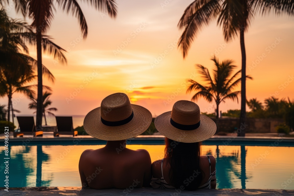 a young couple, a girl and a man, are watching the sunset by the pool on vacation. The concept of summer vacation. vacation time travel to warm regions.
