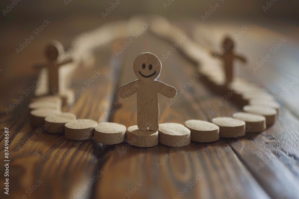 Wooden figurines in a circle with a leader, unity and leadership, vector art Wooden figurines in a circle with a leader, unity and leadership, vector art