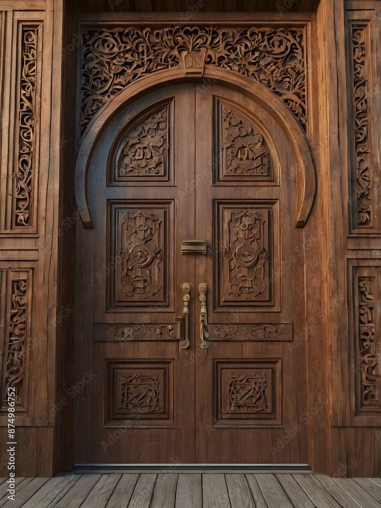 Obraz premium Ornate wooden door with intricate carvings.