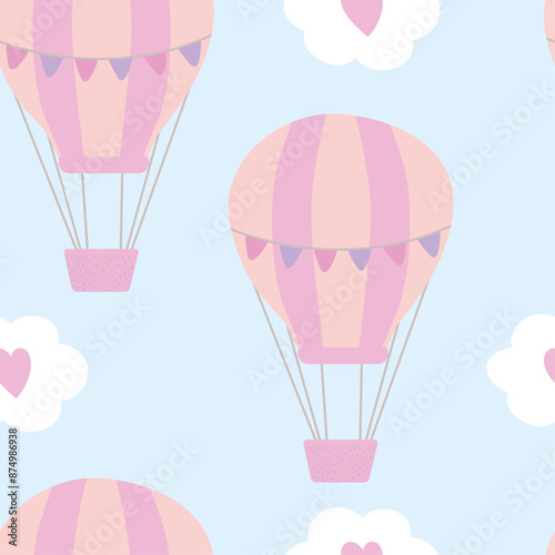 Fabric pattern with balloons in pink shades, blue background, cute baby balloons, cute pattern, fabric pattern, seamless pattern for children, pattern for clothes