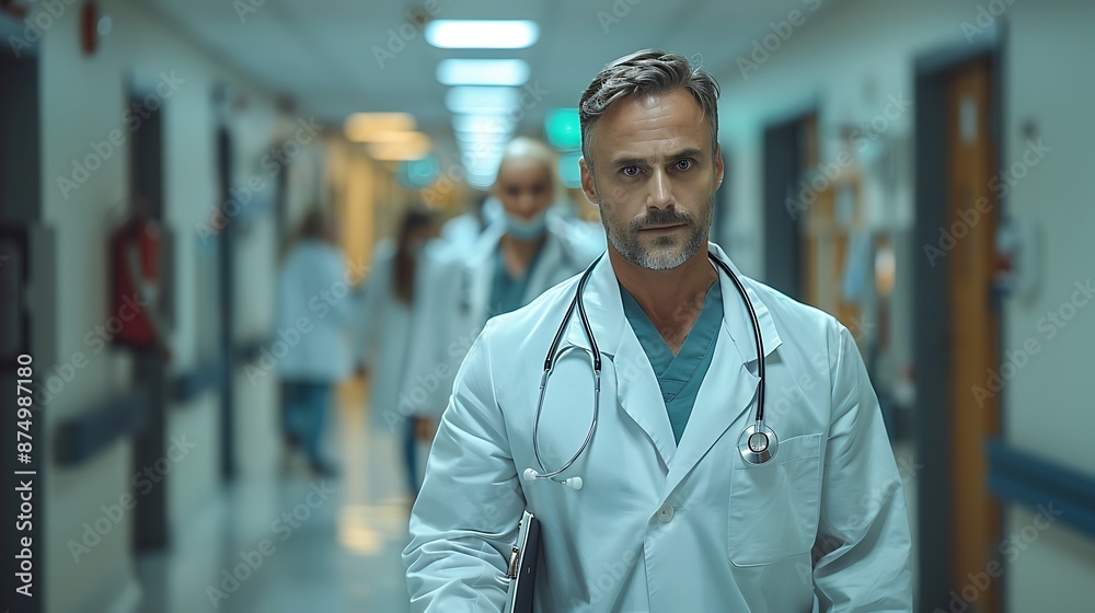 Realistic and cinematic image of a doctor in a hospital hallway, walking confidently with a clipboard, white lab coat, stethoscope around neck, dynamic lighting, polished floors, Realistic and cinematic image of a doctor in a hospital hallway, walking confidently with a clipboard, white lab coat, stethoscope around neck, dynamic lighting, polished floors,