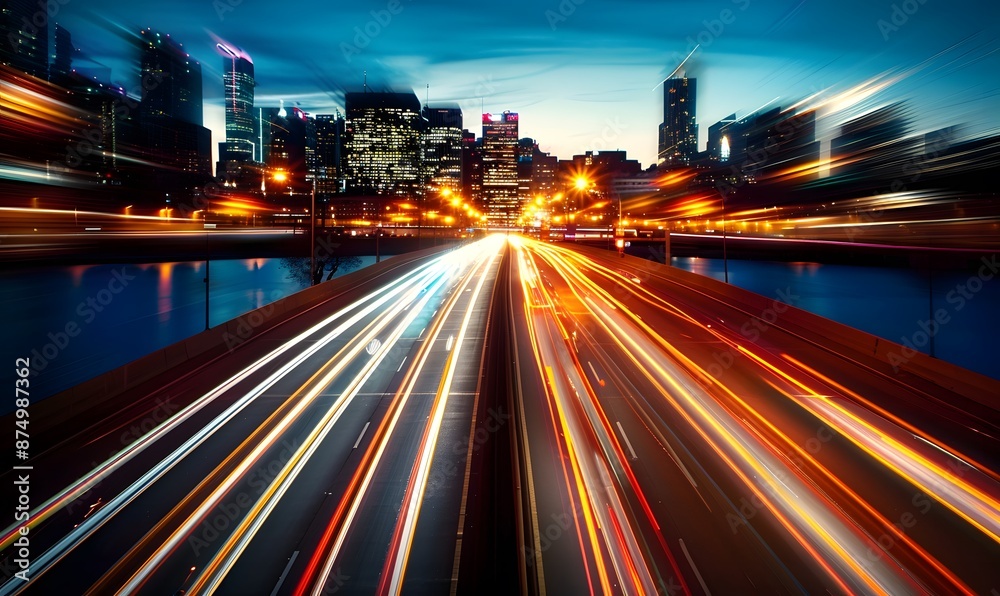 High speed urban traffic on a city highway during evening rush hour, car headlights and busy night transport captured by motion blur lighting effect and abstract long exposure photography High speed urban traffic on a city highway during evening rush hour, car headlights and busy night transport captured by motion blur lighting effect and abstract long exposure photography