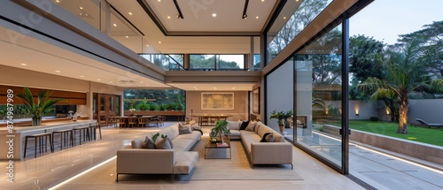 Modern Luxury Living Room with Spacious Design and Sliding Glass Doors photo